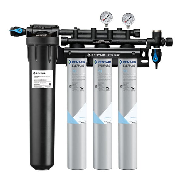 The Everpure Insurice Triple PF-7SI Water Filtration System with Pre-Filter and three water filters in blue and white packaging.