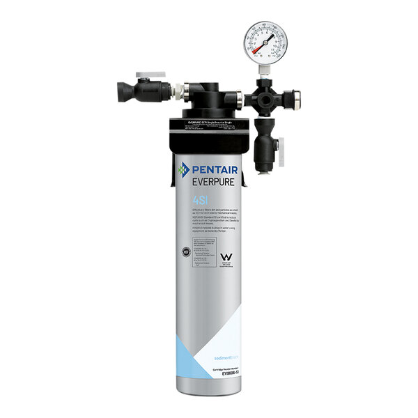 An Everpure water filtration system with a black and grey cylinder and a gauge.