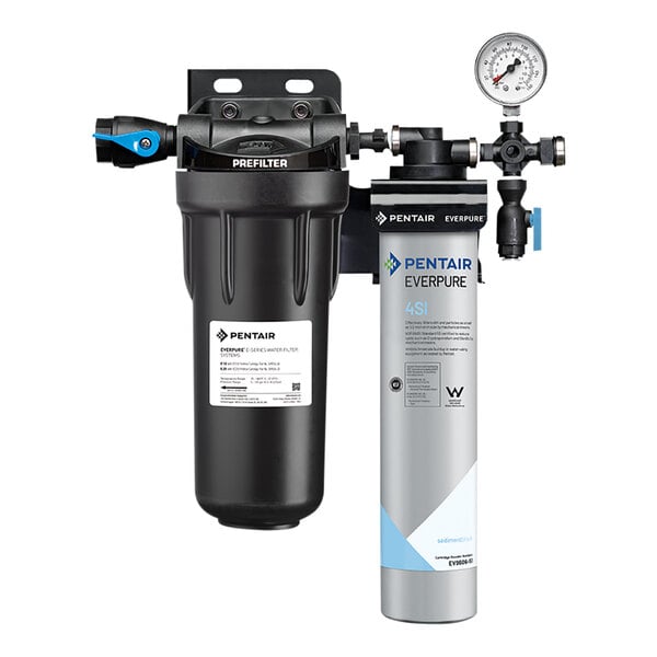 An Everpure water filtration system with a black and silver pressure gauge.