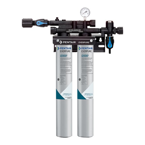 The Everpure Insurice Twin i20002 Water Filtration System with two water filters, one with a blue gauge and one with a black gauge.