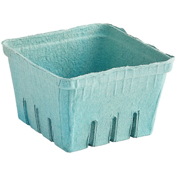 A green molded pulp square basket with holes.