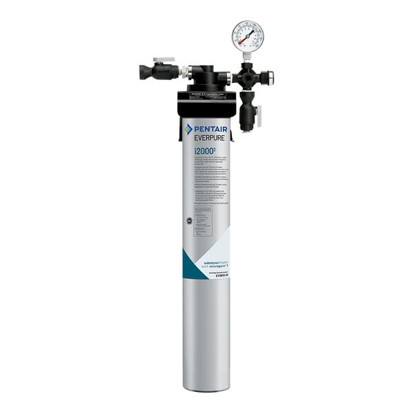 An Everpure water filtration system with a grey and blue cylinder and black caps.