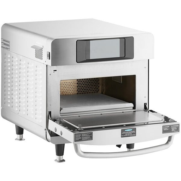 A TurboChef silver rectangular oven with a door open.