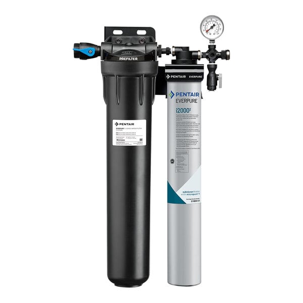 An Everpure water filtration system with a pressure gauge.