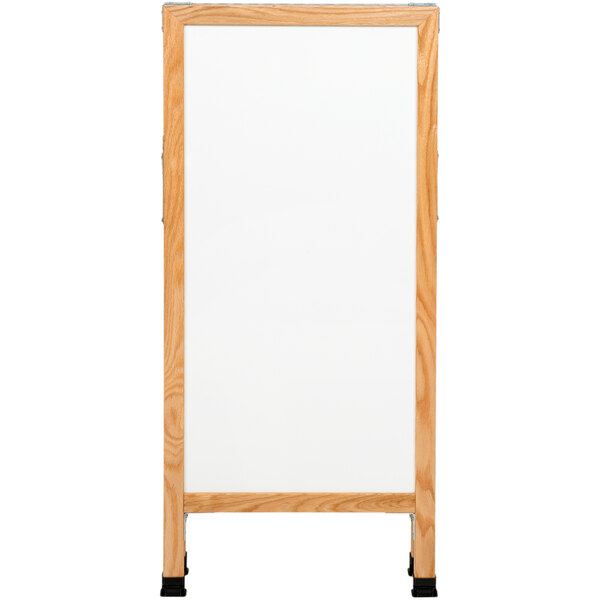 An oak A-Frame sign board with a white marker board and brown border.