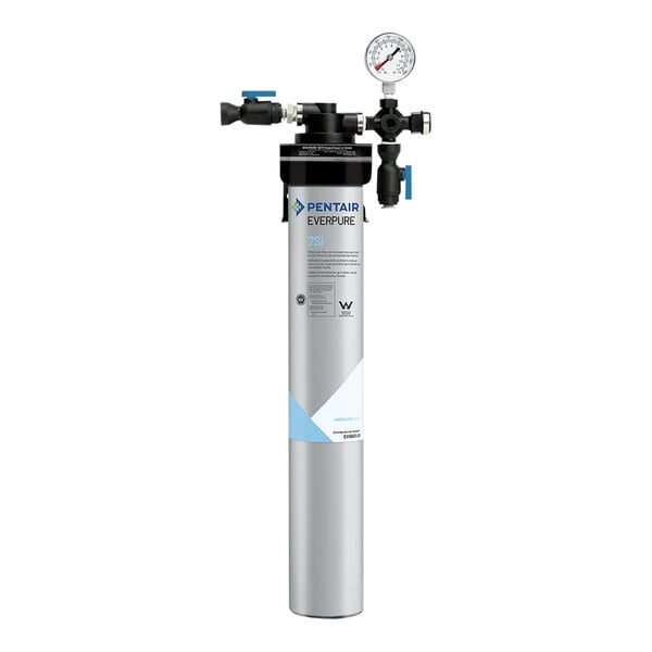 An Everpure Insurice water filtration system with a grey cylinder and blue and white text.