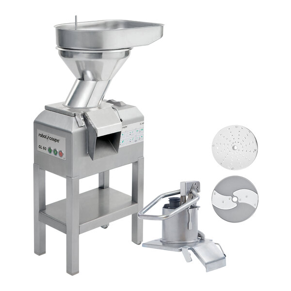 A stainless steel Robot Coupe commercial food processor with 2 feed-heads and 2 discs.