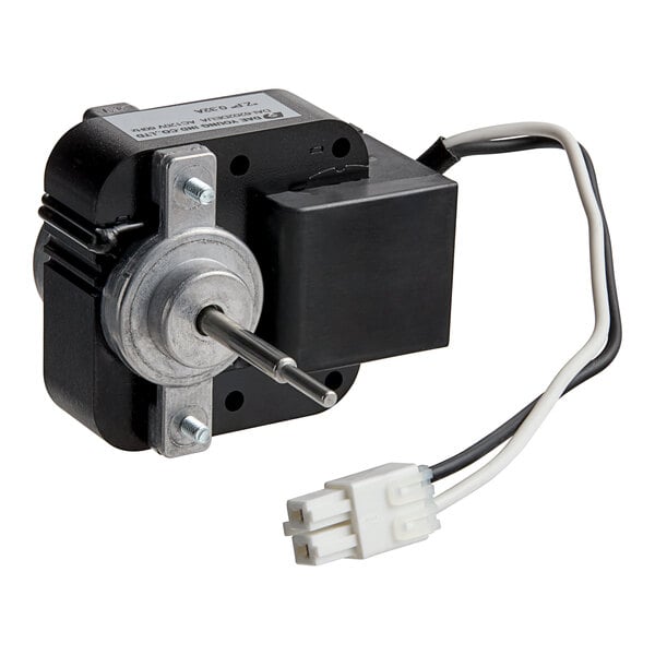 A small black and silver electric motor with wires and a wire harness.