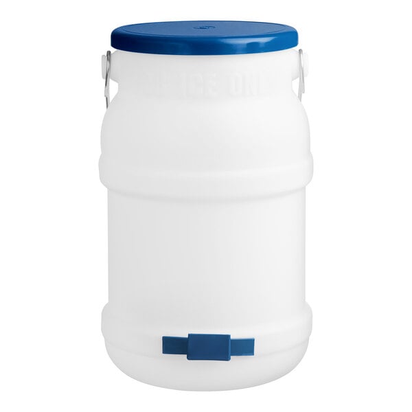 A white 5-gallon polypropylene ice tote with a blue lid and a blue mounting bracket.