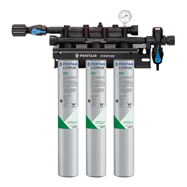 An Everpure triple water filter system with 2 blue and green gauges.