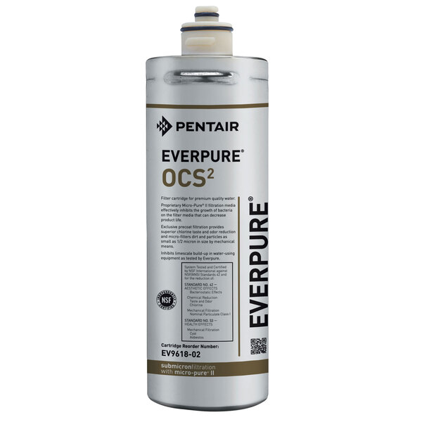 A silver Everpure OCS2 filter cartridge with a black label.