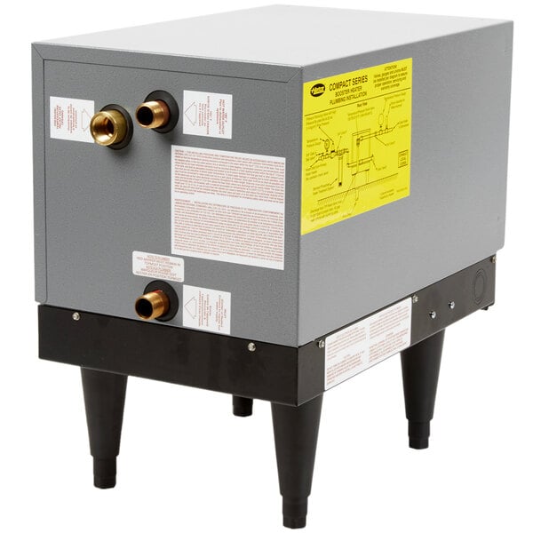 A grey Hatco booster water heater with gold pipes.