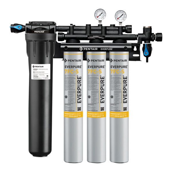 A black, silver, and white Everpure water filtration system with a label on the can.