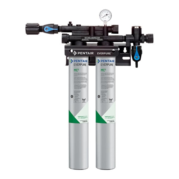 An Everpure water filtration system with blue and green gauges.