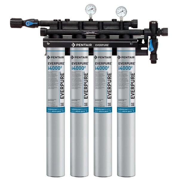 Three Everpure water filters with silver and blue labels.