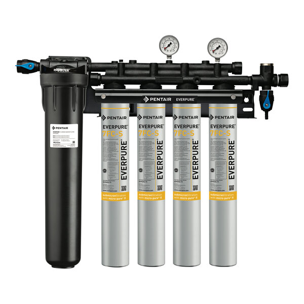 A black and silver Everpure water filtration system with four different filters.