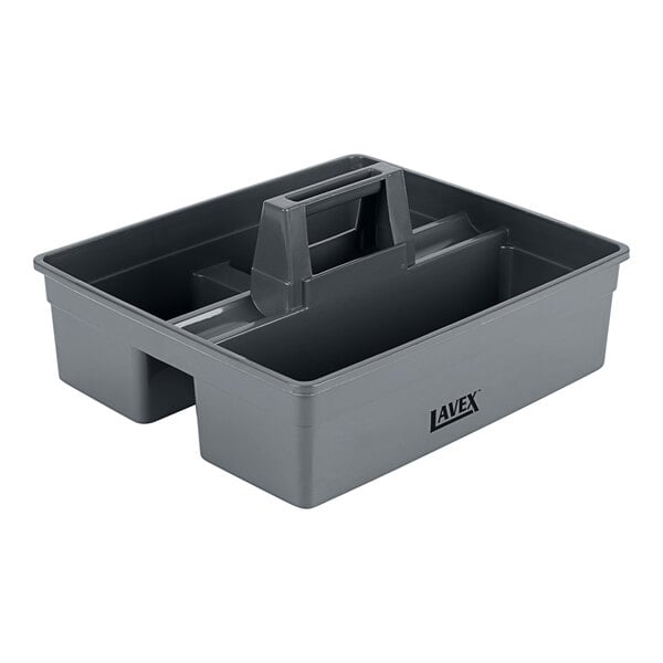 A grey plastic Lavex cleaning caddy with three compartments and a handle.