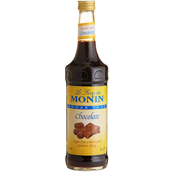 A bottle of Monin Sugar Free Chocolate Flavoring Syrup.