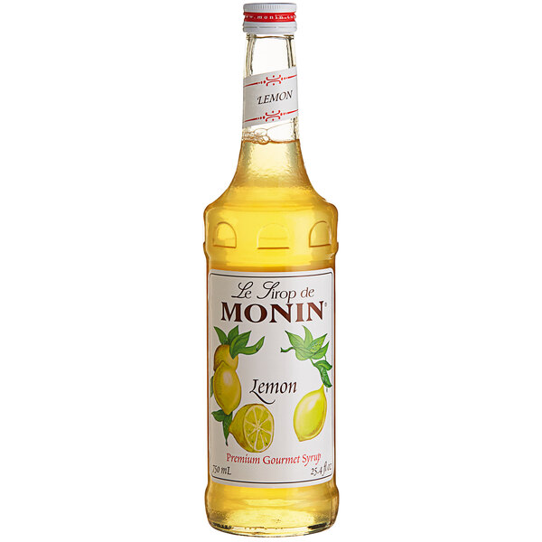A Monin 750 mL bottle of lemon syrup.