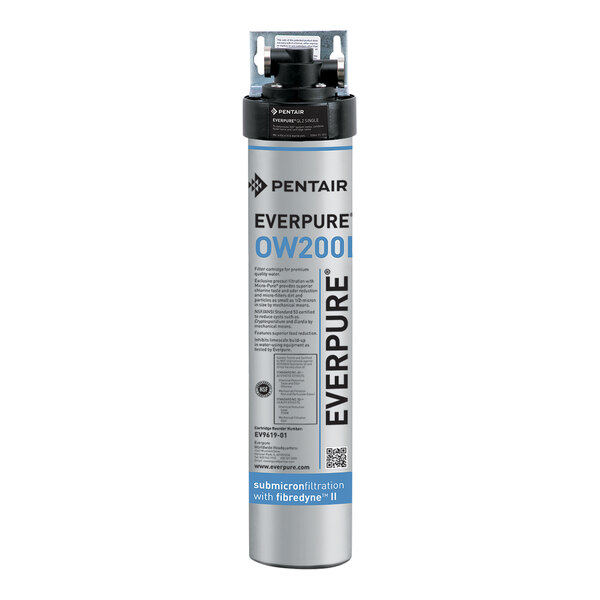 An Everpure water filtration system canister with a black label.