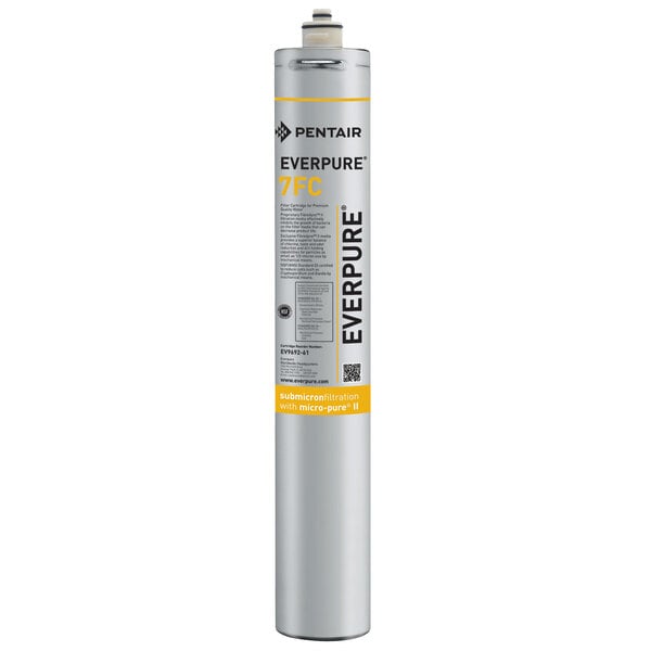 An Everpure water filter cartridge with a white label and yellow and black text on a grey cylinder.