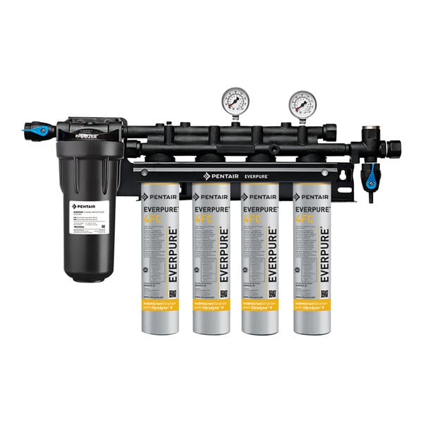 An Everpure water filtration system with four different filters including a pre-filter.