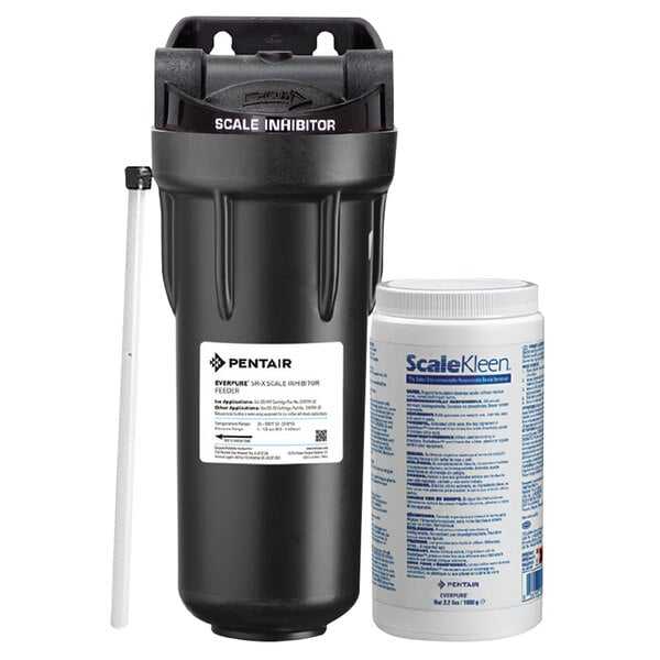 An Everpure black container with a white label with blue text next to it.