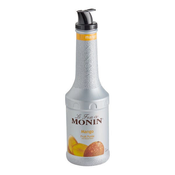 A Monin 1 liter bottle of mango fruit puree with a black pump.