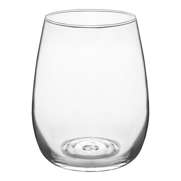 A clear, stemless wine glass with a 15 oz. capacity.
