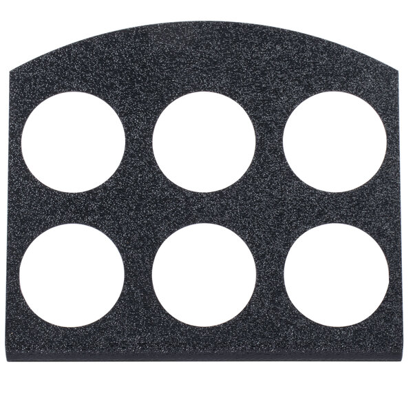 A black plastic tray with six white circles.