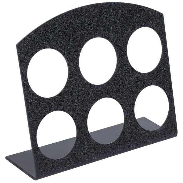 A black plastic stand with six circular slots.