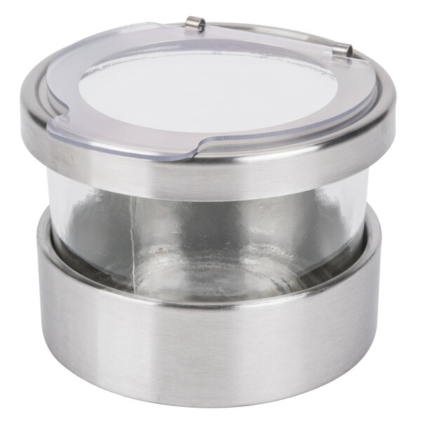 A silver metal Cal-Mil Mixology chilled organizer with a clear plastic hinged lid.