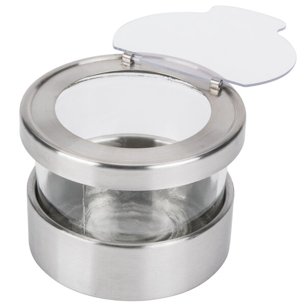 A silver stainless steel Cal-Mil Mixology chilled organizer with a clear hinged lid.