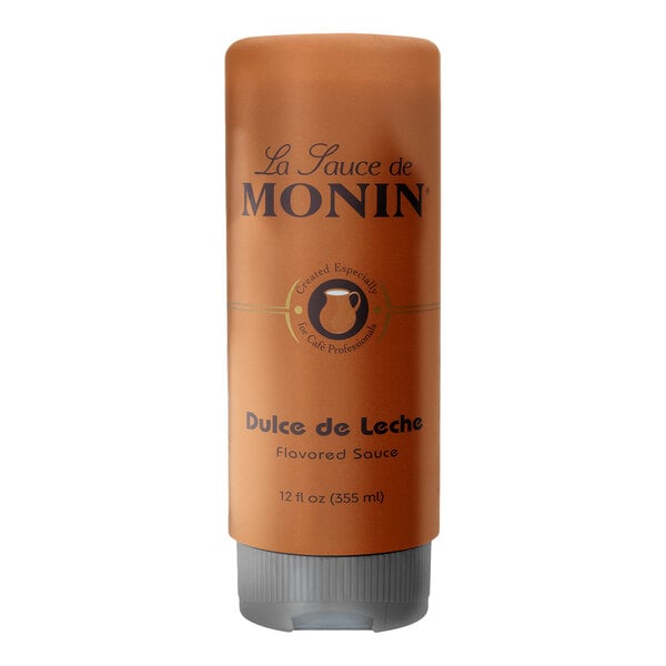 A 12 fl. oz. squeeze bottle of Monin Dulce de Leche flavored sauce.