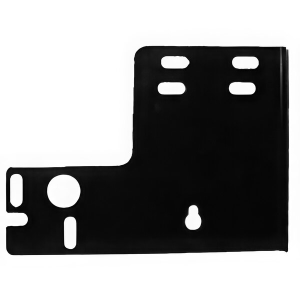 A black metal bracket with holes for the door.