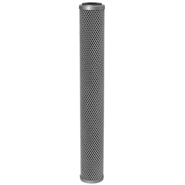 A close-up of a black mesh Everpure FloPlus pre-filter cartridge.