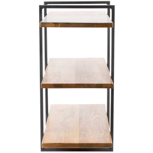 A Cal-Mil Madera rustic pine 3-shelf riser with a black metal frame.