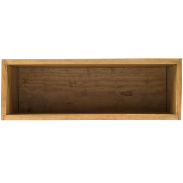 A wooden rectangle plate riser with a wood surface on top.