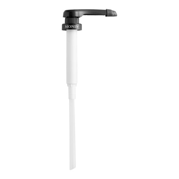 A white Monin puree pump with a black cap and handle.