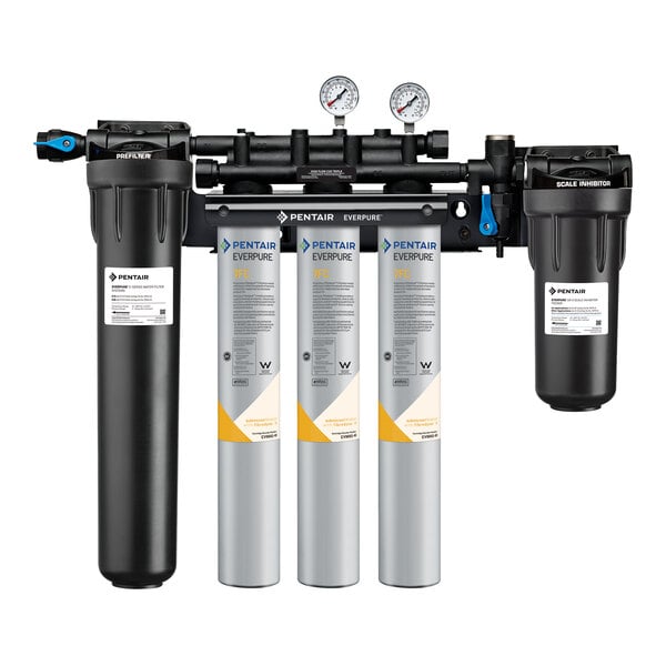 An Everpure water filtration system with three filters including white, orange, and yellow labels.