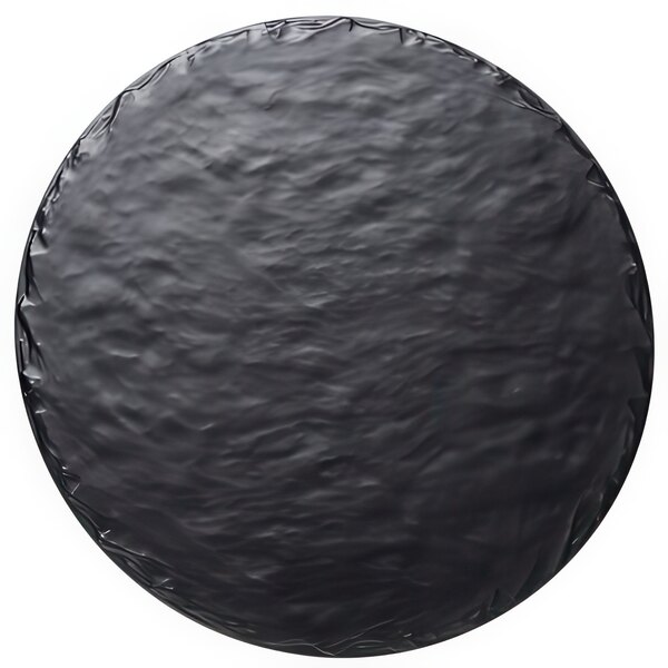 A black round serving board with a white background.