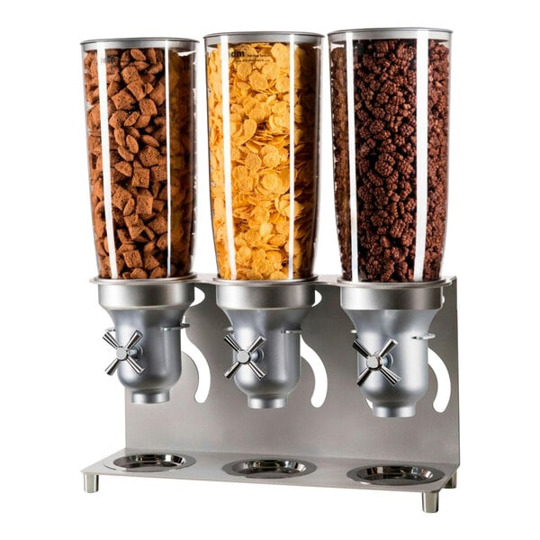 A Cal-Mil triple canister cereal dispenser with cereal inside.