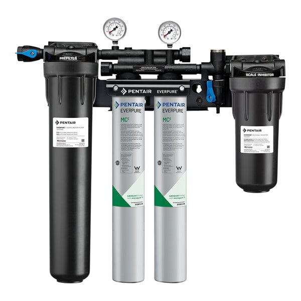 An Everpure water filtration system with two filters, a white container with green and black text.