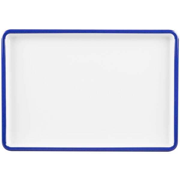 A white rectangular melamine tray with a blue rim.