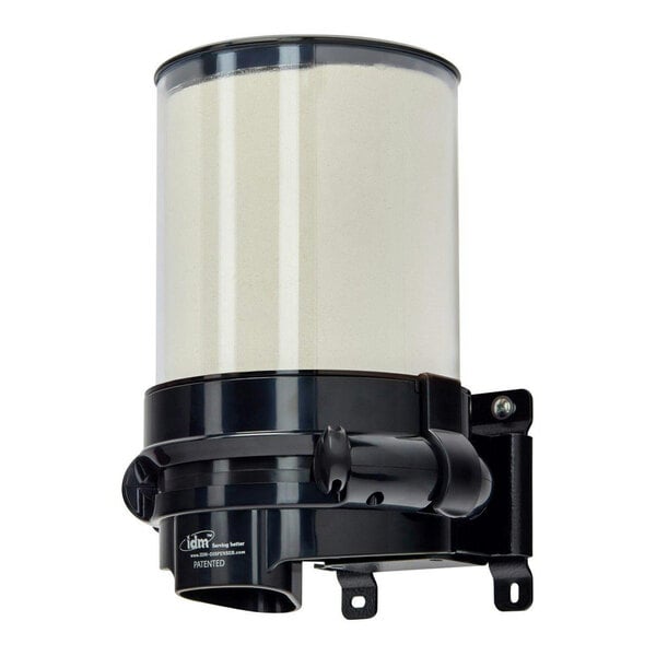 A black wall mounted Cal-Mil powder dispenser with a black lid.