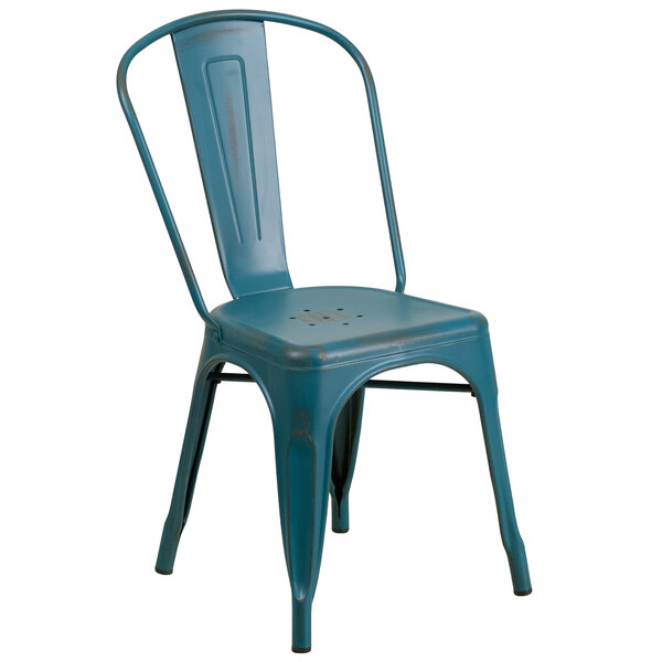 A blue metal Flash Furniture restaurant chair with a metal back.