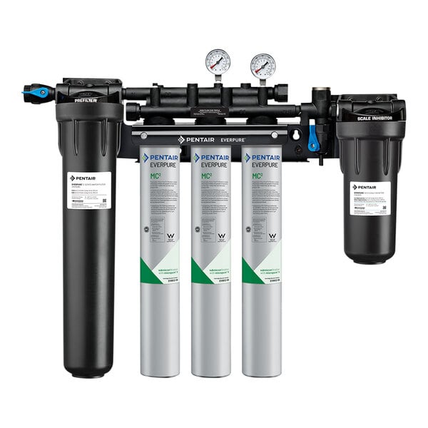 The green and white box of an Everpure High Flow CSR Triple-MC2 Water Filtration System with Pre-Filter.