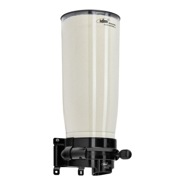 A black plastic Cal-Mil wall mount powder dispenser.