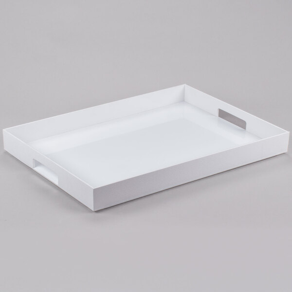 A white rectangular Cal-Mil plastic tray with handles.