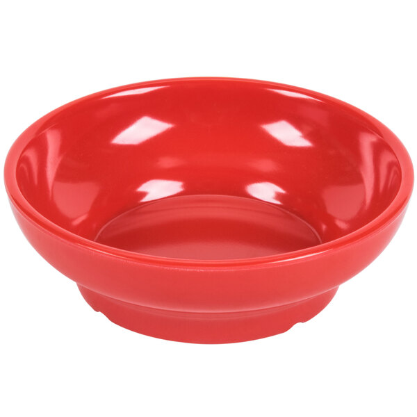 A red bowl with a white background.